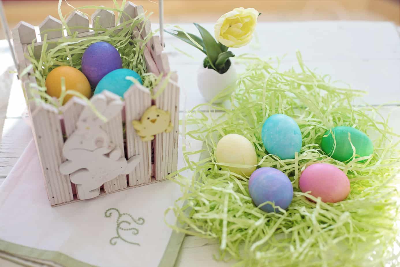 easter basket with colorful eggs for easter brunch