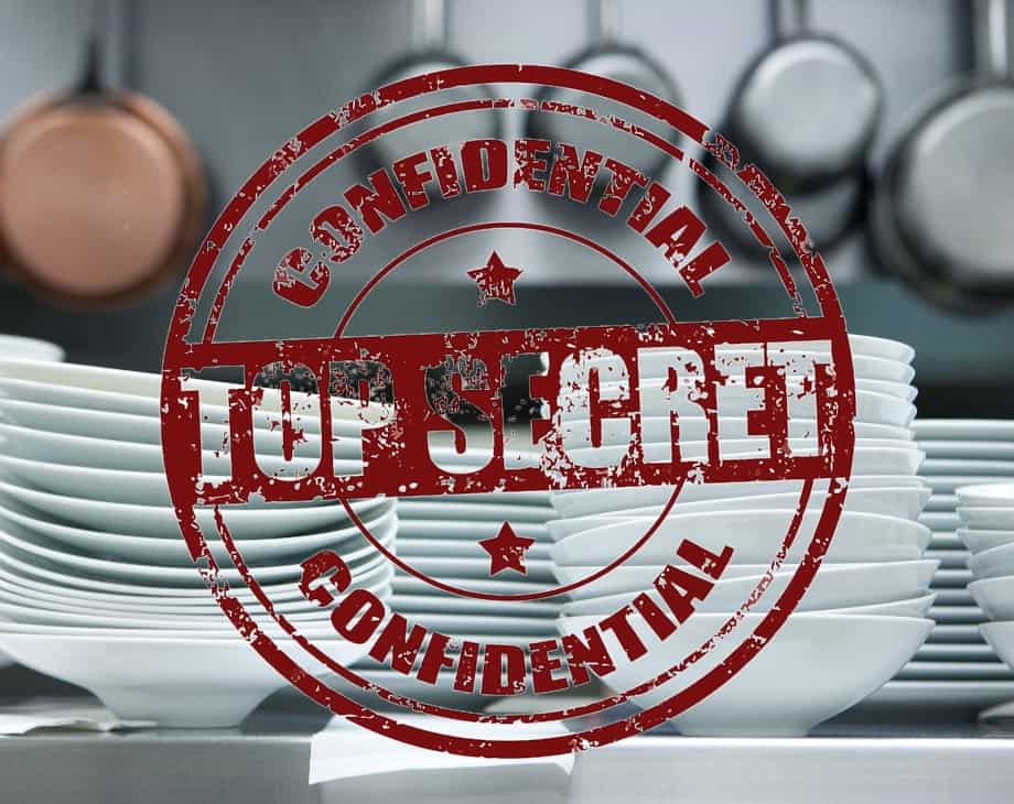 top secret confidential logo overlayed on top of white china in a kitchen