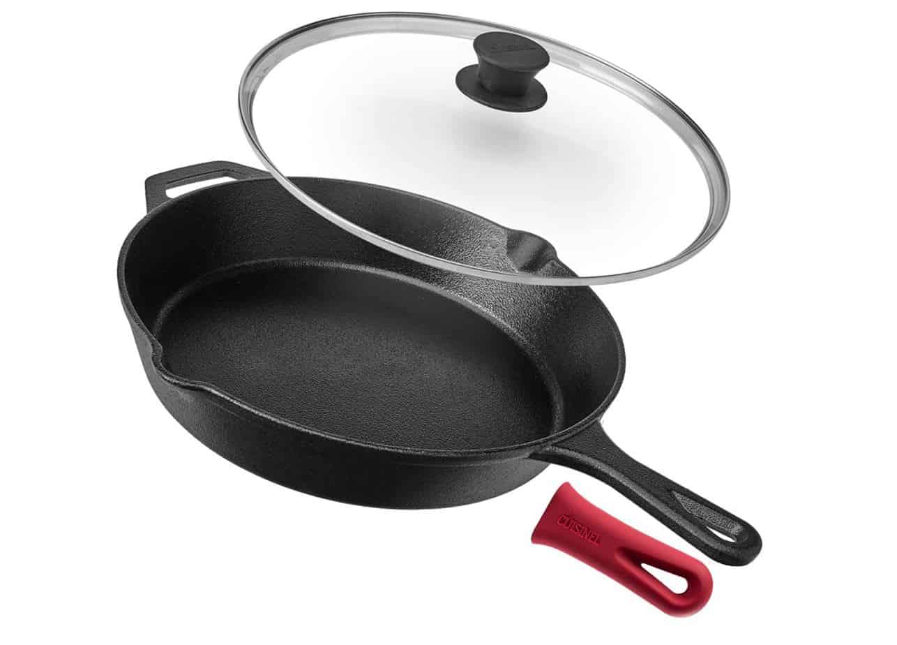 cast iron frying pan with lid and red rubberized handle attachment