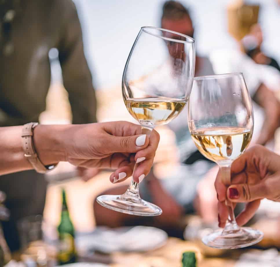 two friends clinking two white wine glasses together.