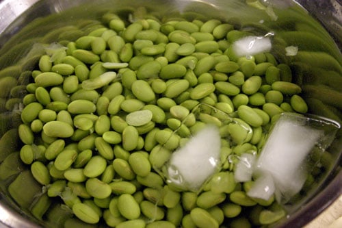 lima beans soaking in ice water