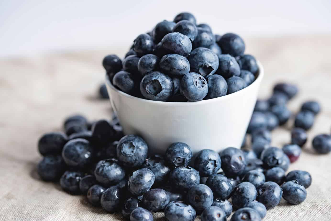 organic fresh blueberries in a white ceramic dish