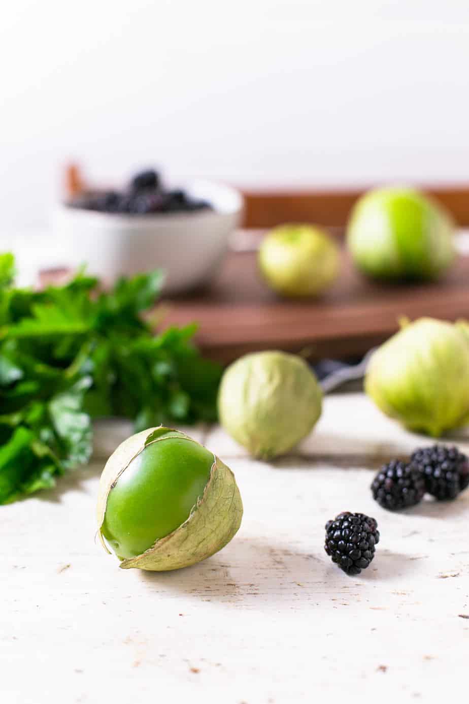 fresh tomatillos and blackberry leftover ingredients about to be repurposed
