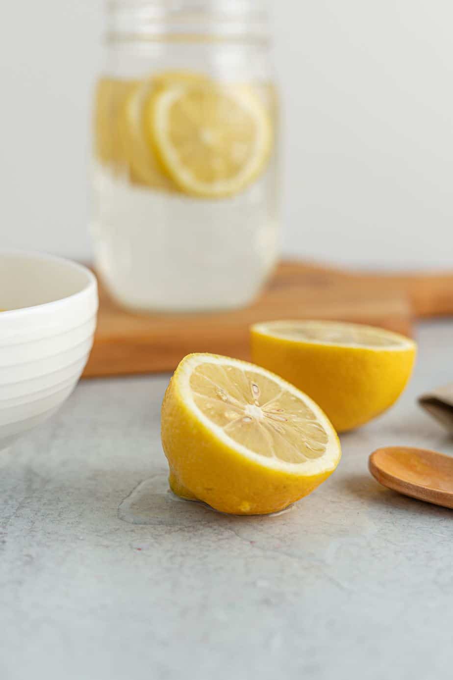 fresh sliced lemon on a kitchen counter