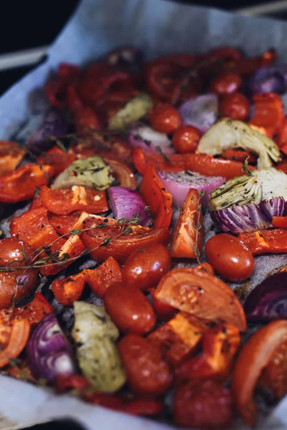 oven roasted vegetables on a sheet tray