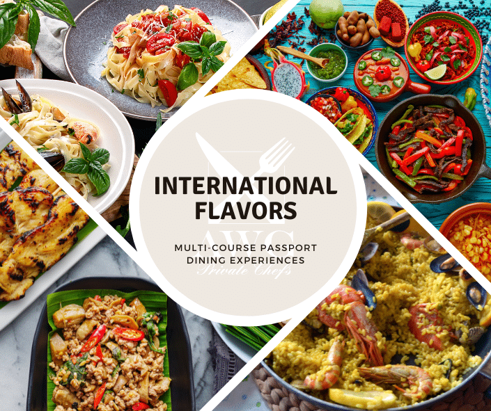 colorful photo collage of international cuisine featuring dishes from Italy, Thailand, Spain, and Mexico. 