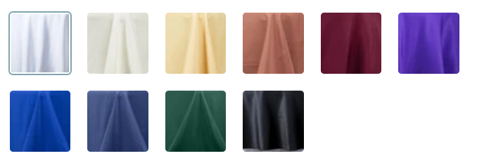 standard linen rental color swatch card featuring left to right white, ivory, champagne, terracotta, burgundy, purple, royal blue, navy blue, hunter green, and black.